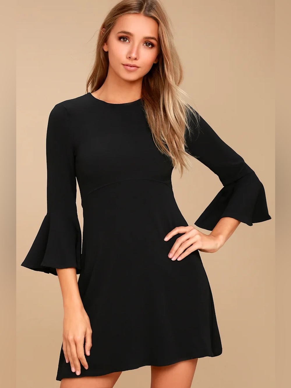Lulu's "Center of Attention" Black Flounce Bell Sleeve Mini Dress Classic Goth M